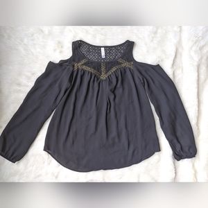 Xhilaration Black Cold Shoulder with Gold Detailing Long Sleeve Blouse / Size M